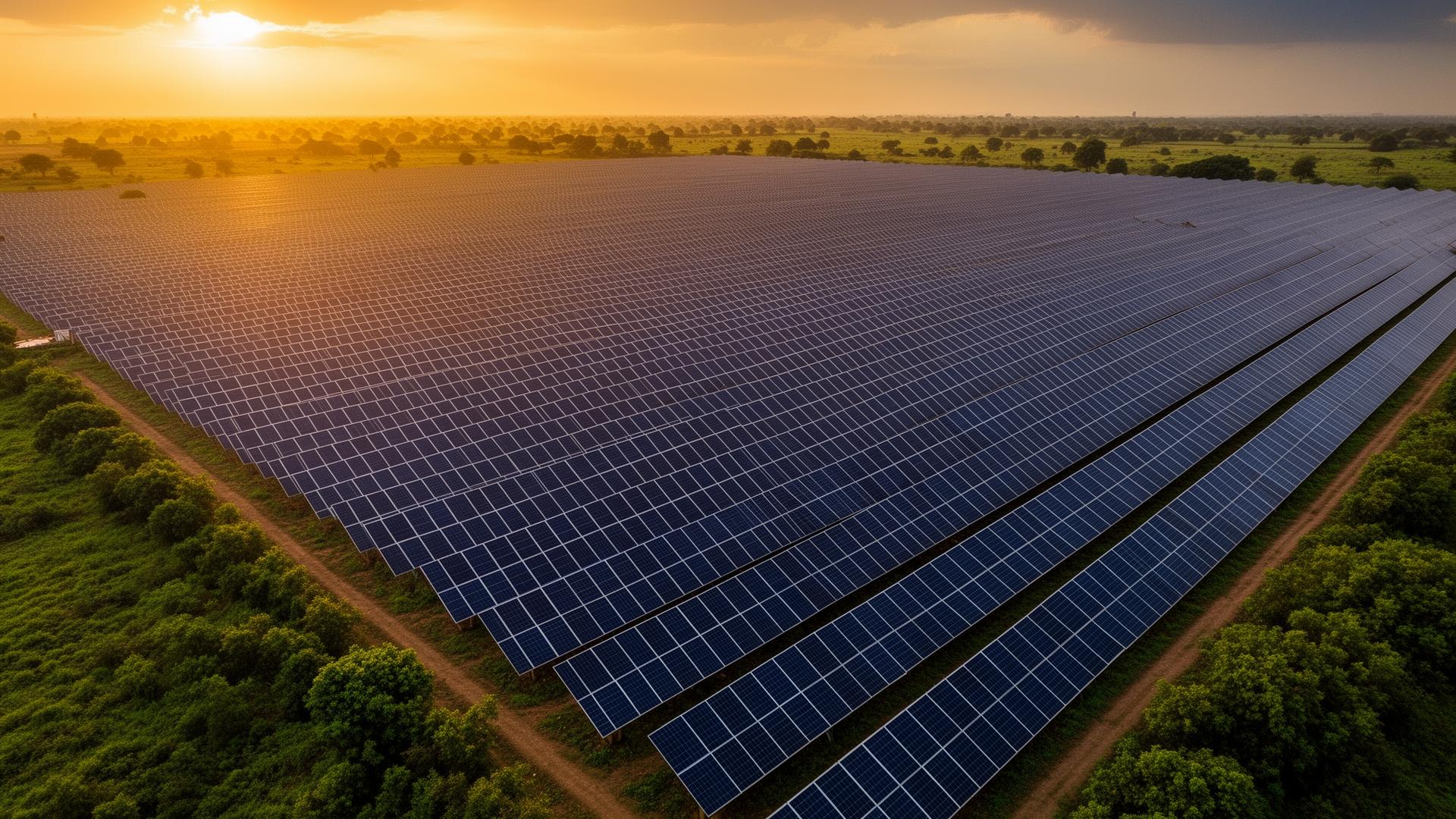Aerial view of a Ganesh Green Bharat utility-scale solar farm at sunrise